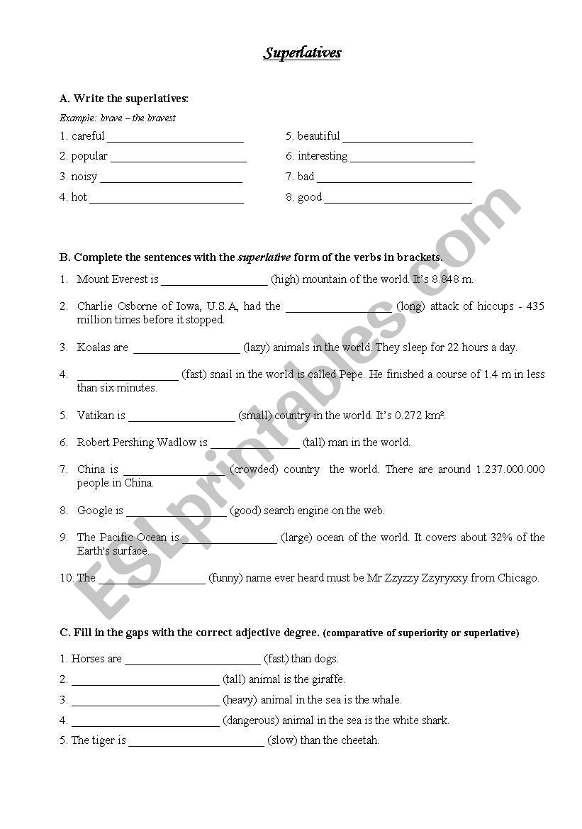 superlatives  worksheet