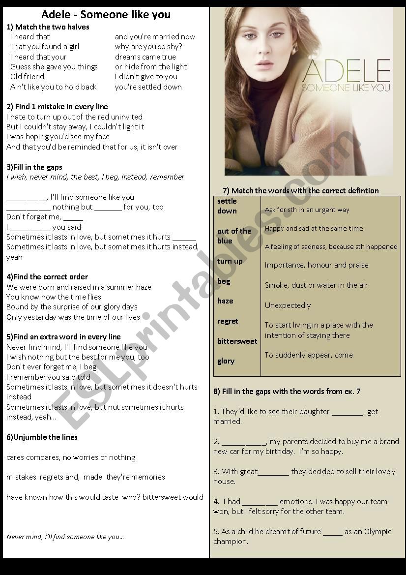 Adele - someone like you song worksheet