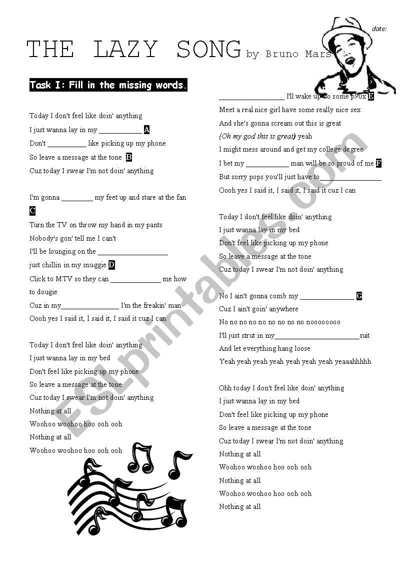 Lazy song by bruno mars worksheet