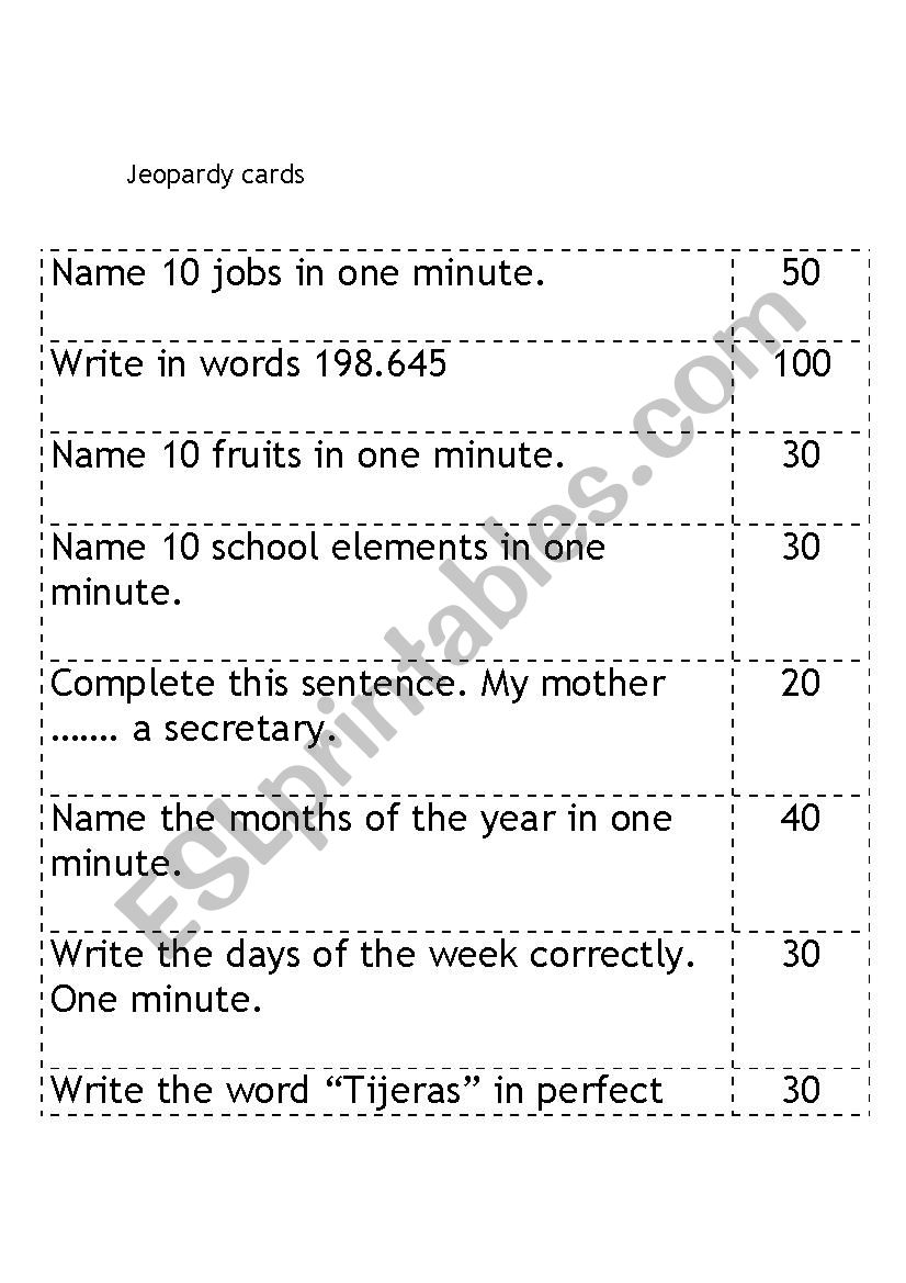 Jeopardy cards worksheet