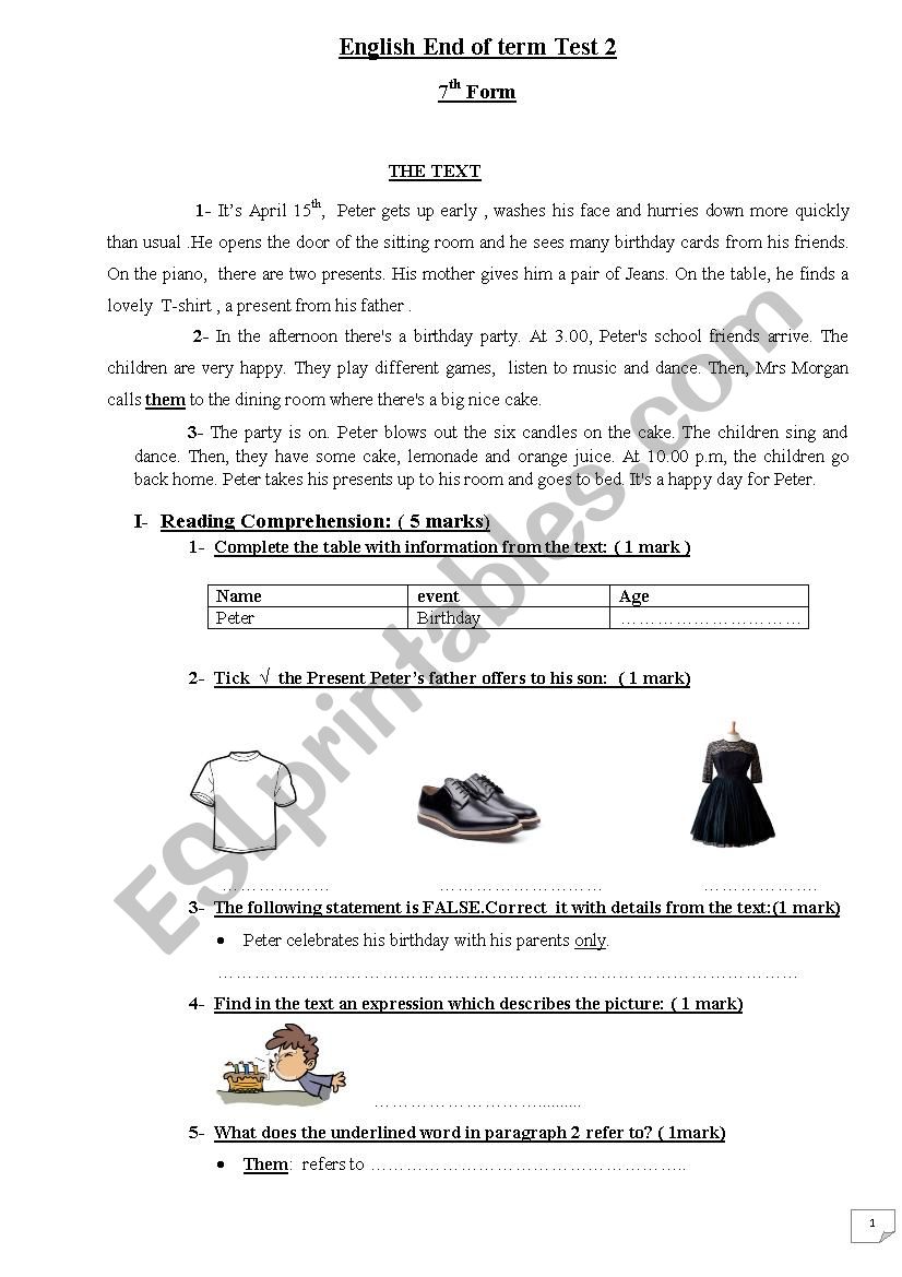 7th form end of term test 2 worksheet