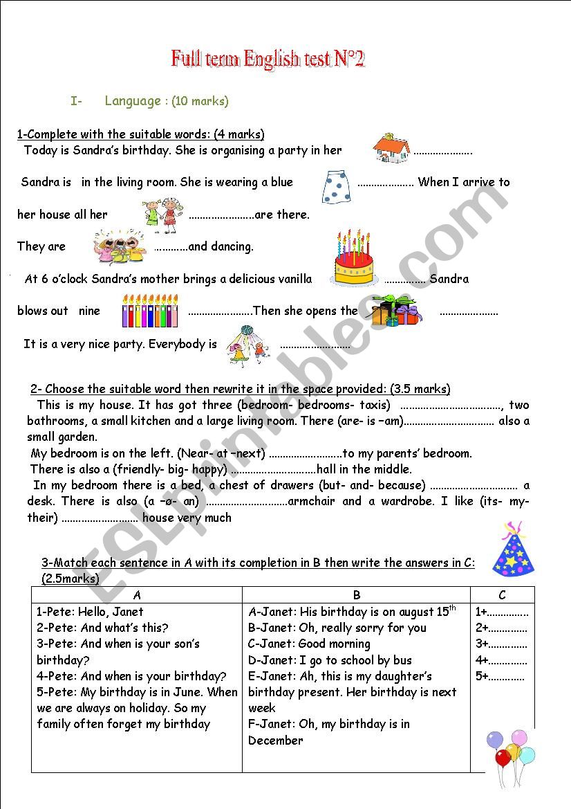 full term english test 2 worksheet