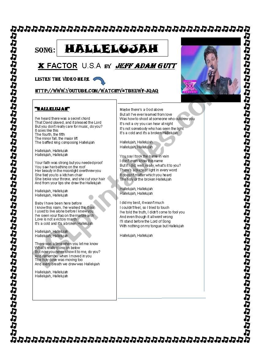 song hallelujah worksheet