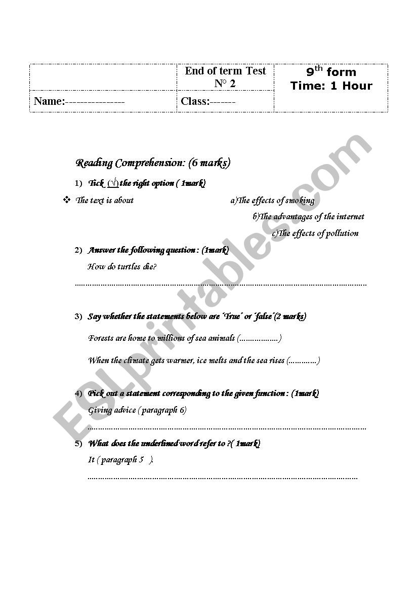 a test for 9th formers worksheet