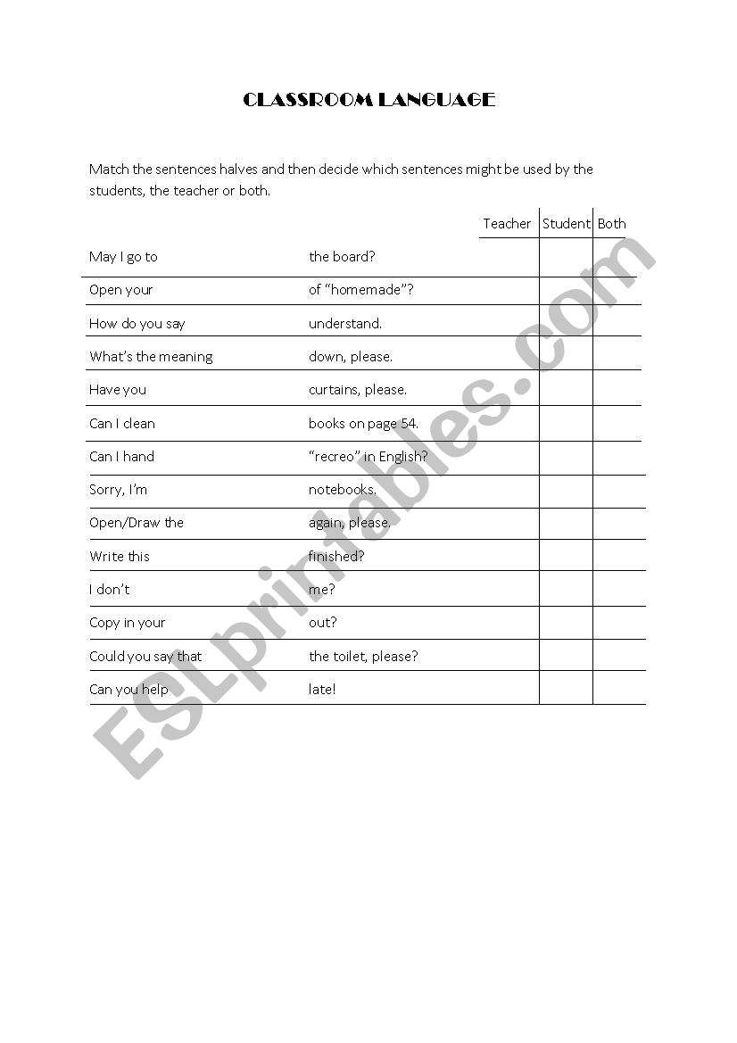 Classroom language worksheet