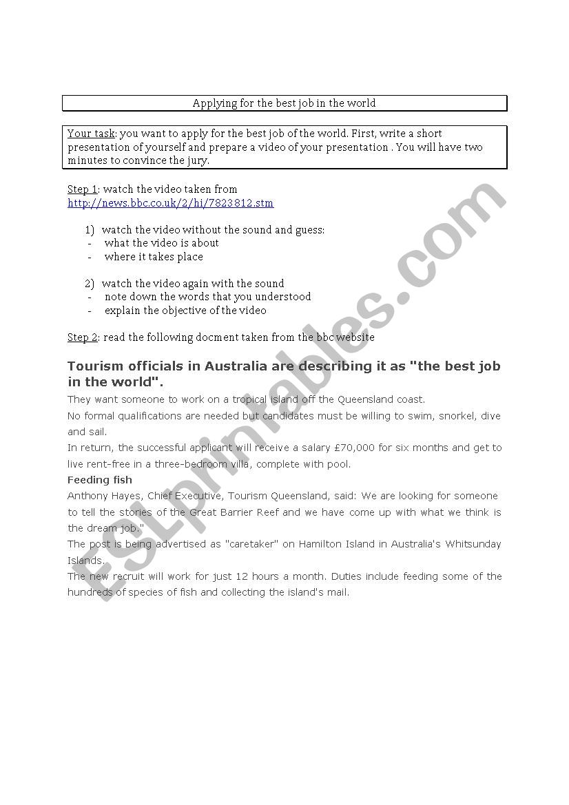 APPLY FOR THE BEST JOB IN THE WORLD