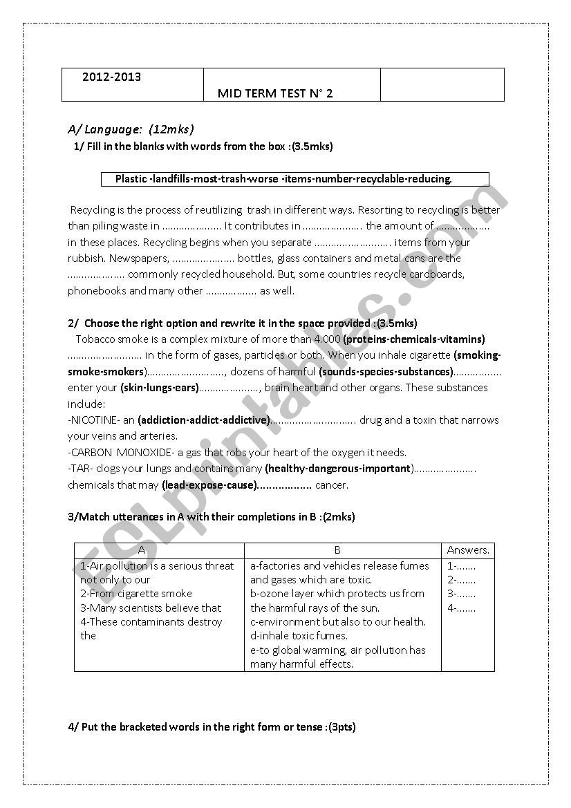 Mid Term Test 9th form (Environment and health) 