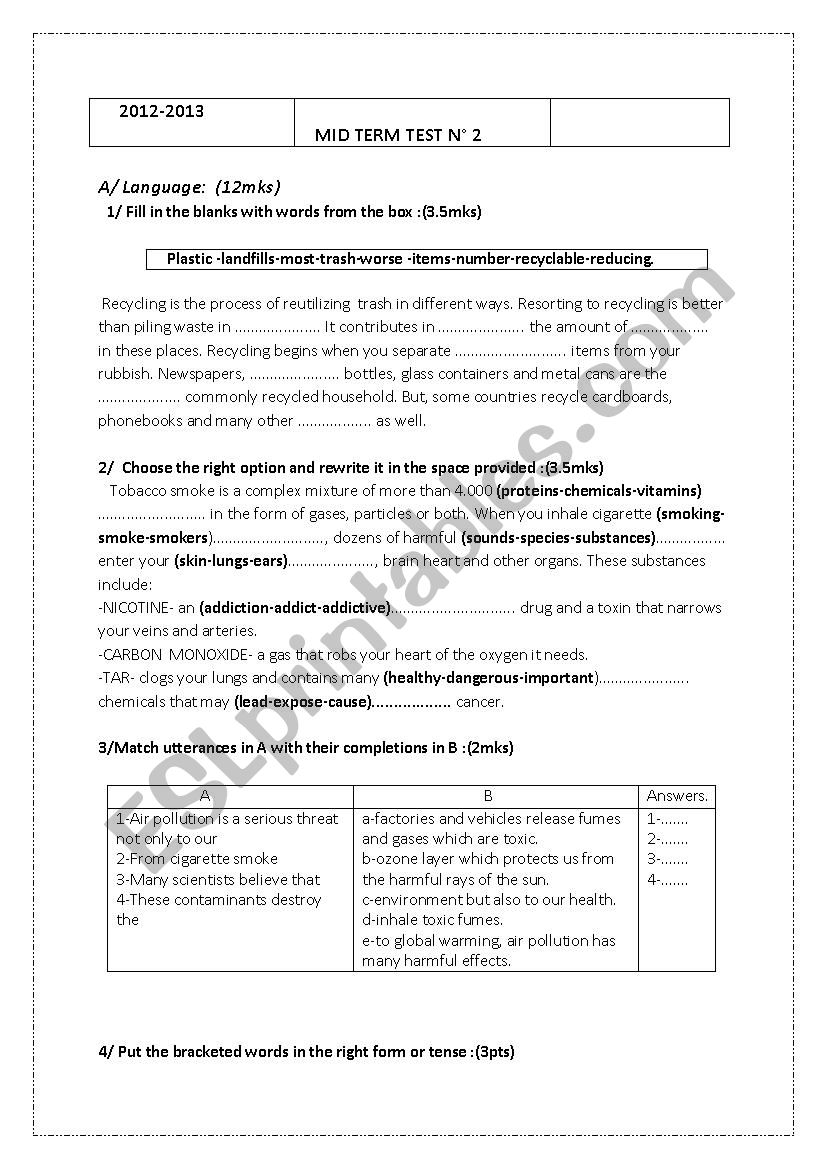 Mid Term Test 9th form (Environment and health) 