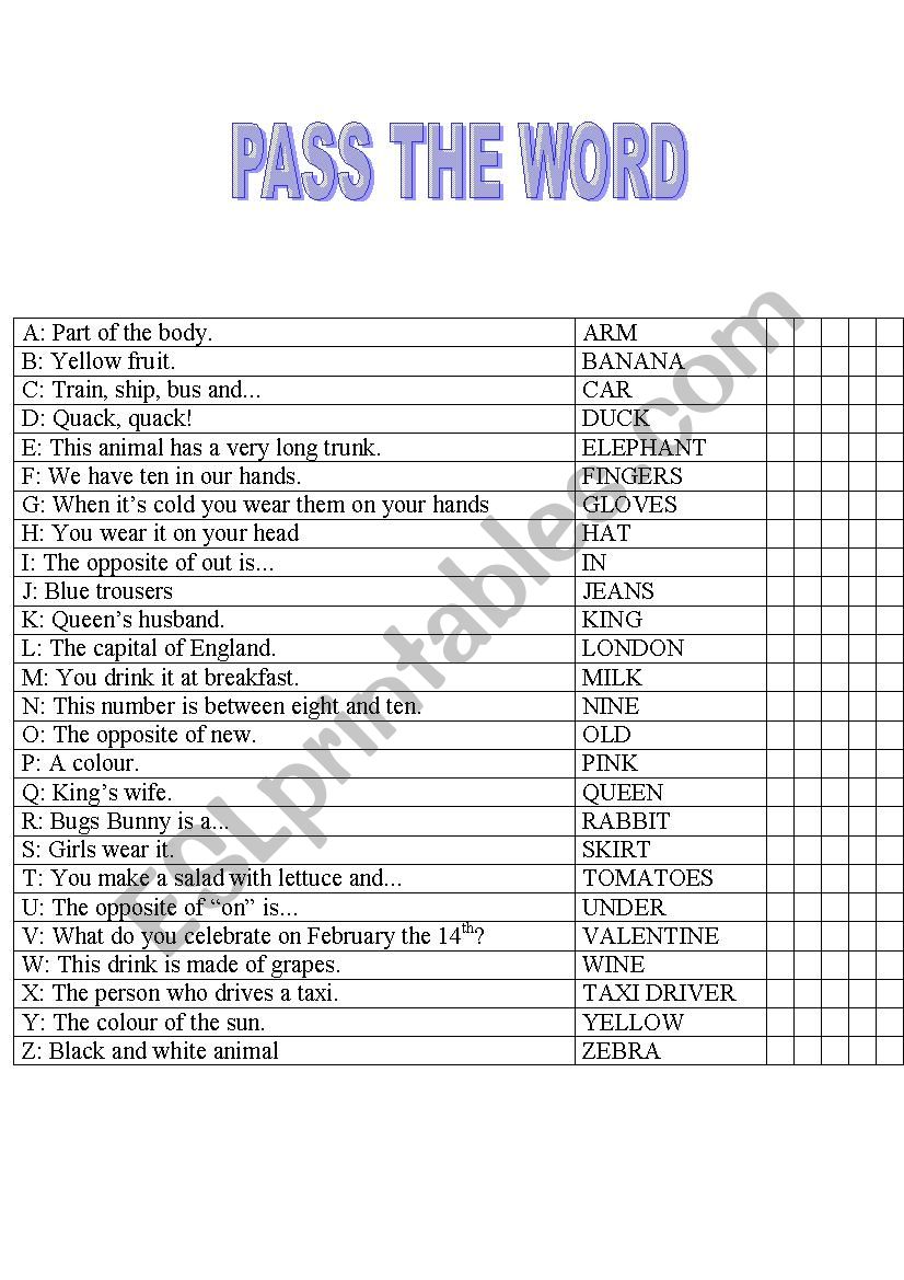 Pass the word worksheet