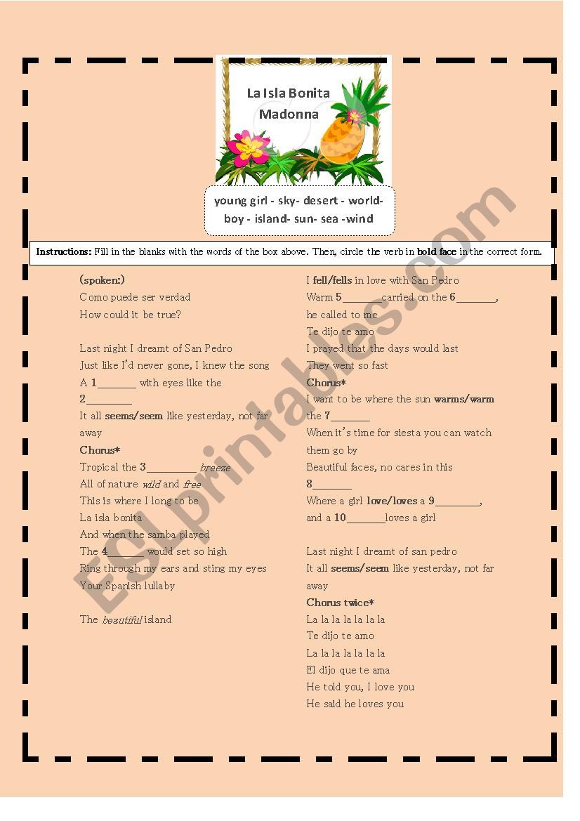 La Isla Bonita Madonna Nouns and Verb forms