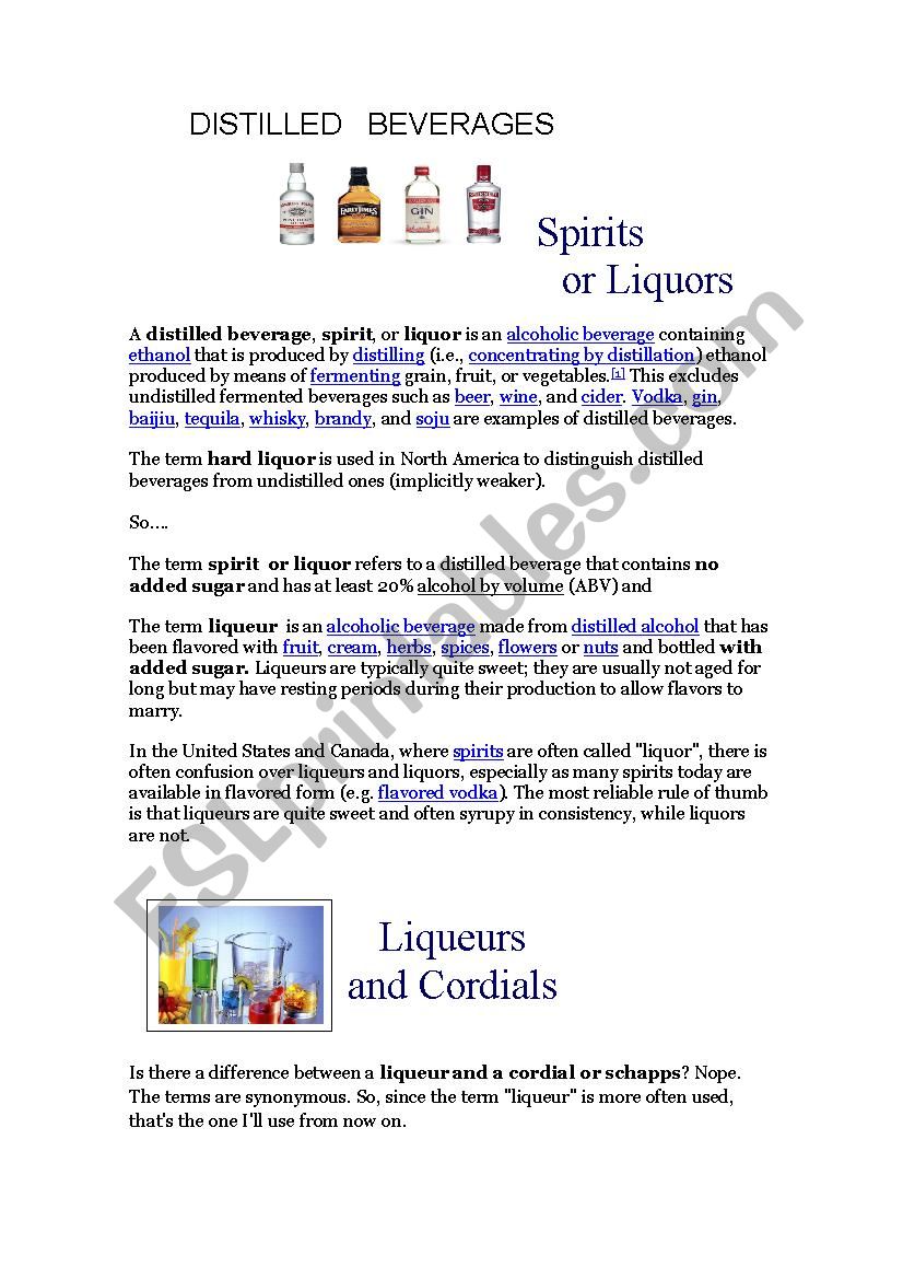 distiled beverages worksheet