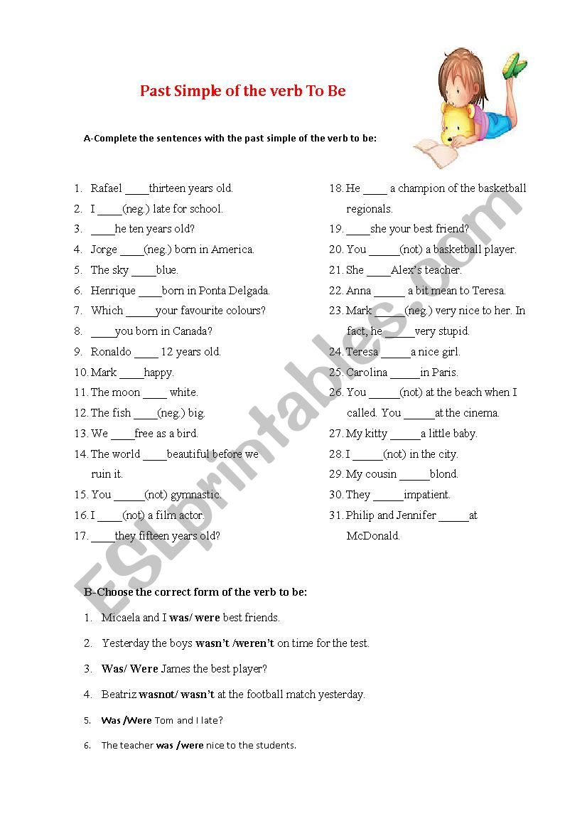 Past Simple of the verb to Be worksheet