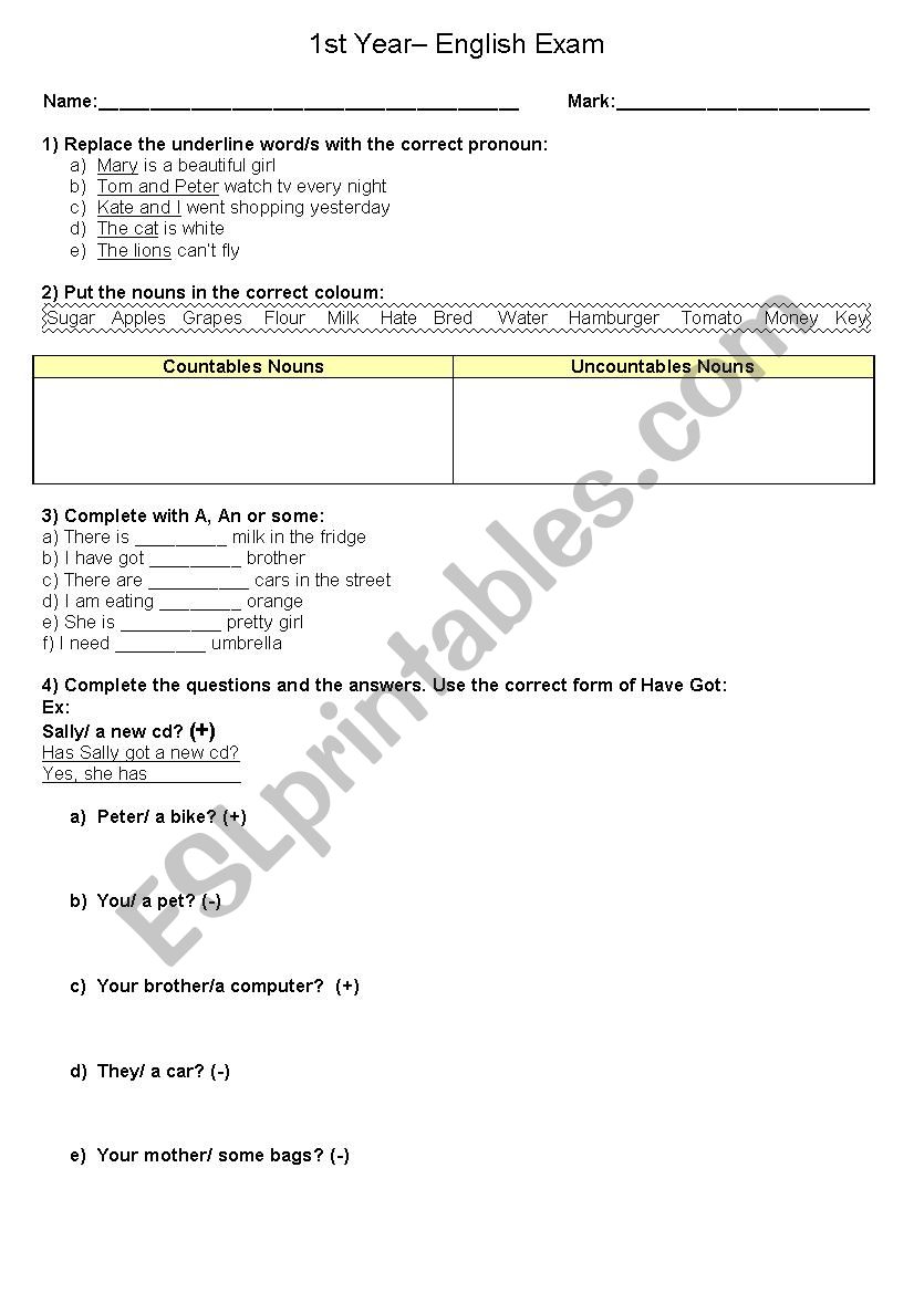 1st year exam worksheet