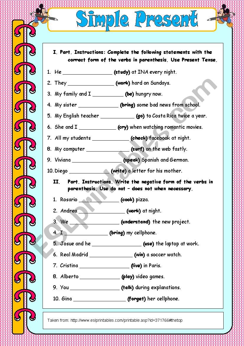 Esl To Be Present Tense Worksheets