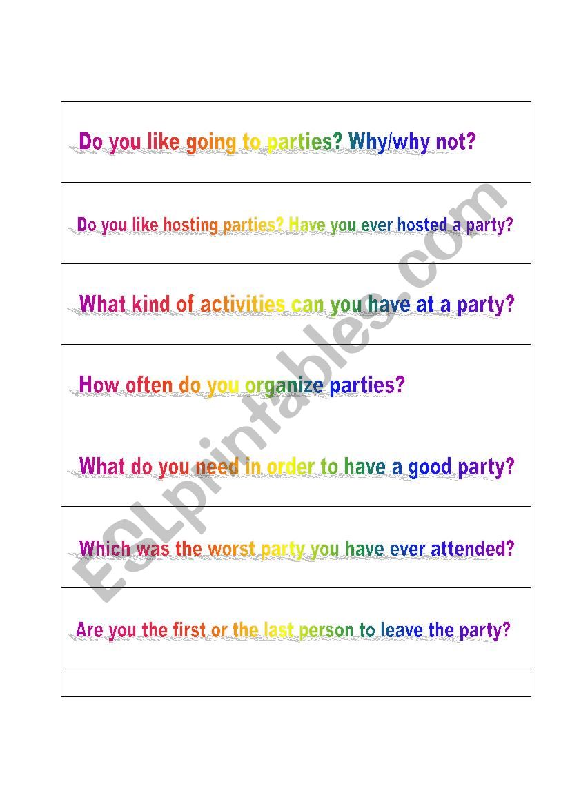 speaking cards for parties worksheet