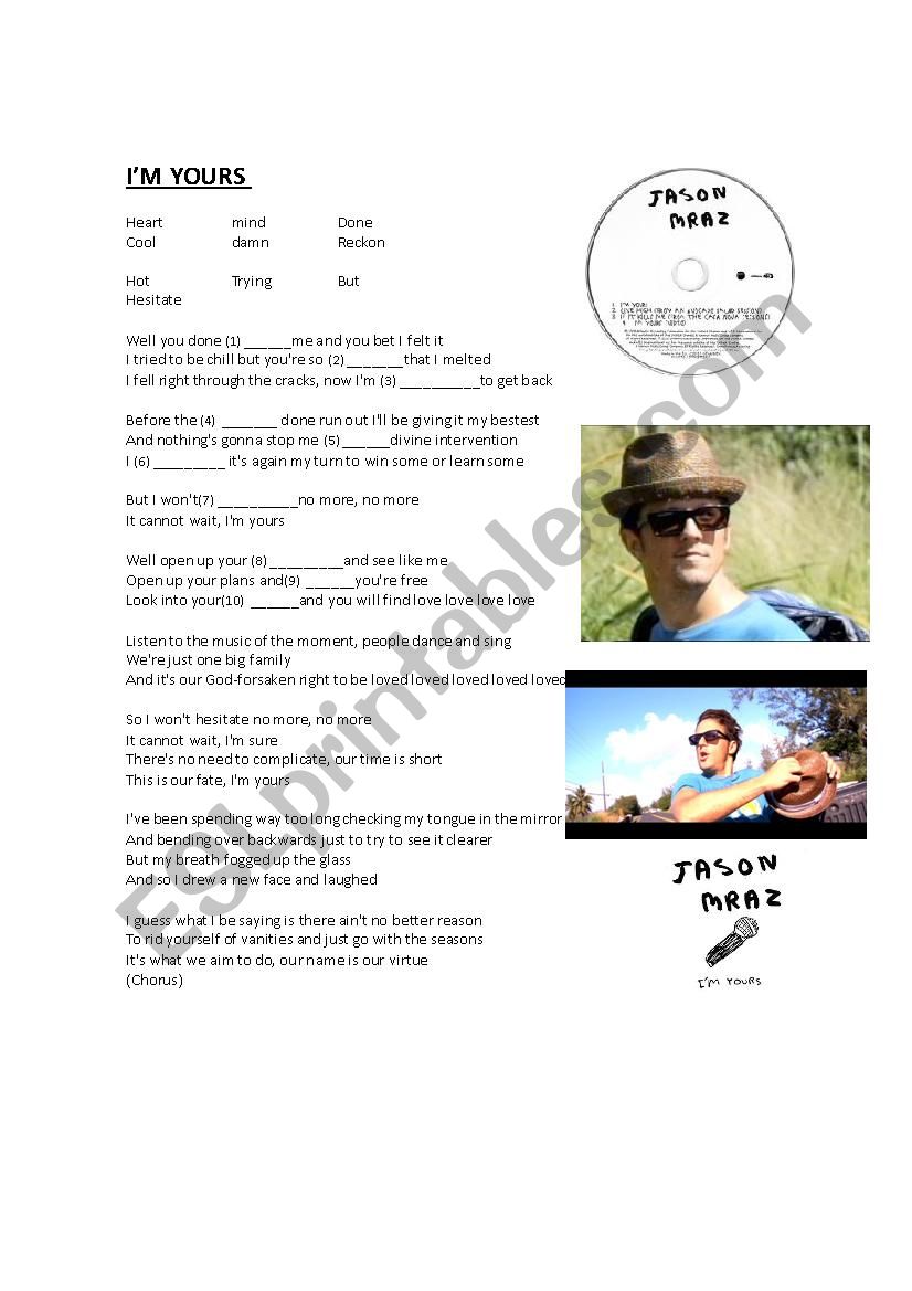 im yours - jason mraz worksheet