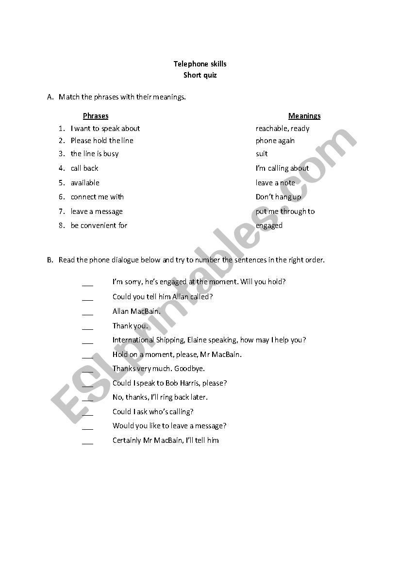 short quiz (telephone skills) worksheet