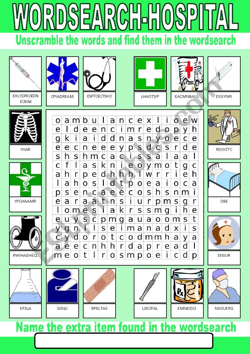 Hospital Wordsearch worksheet