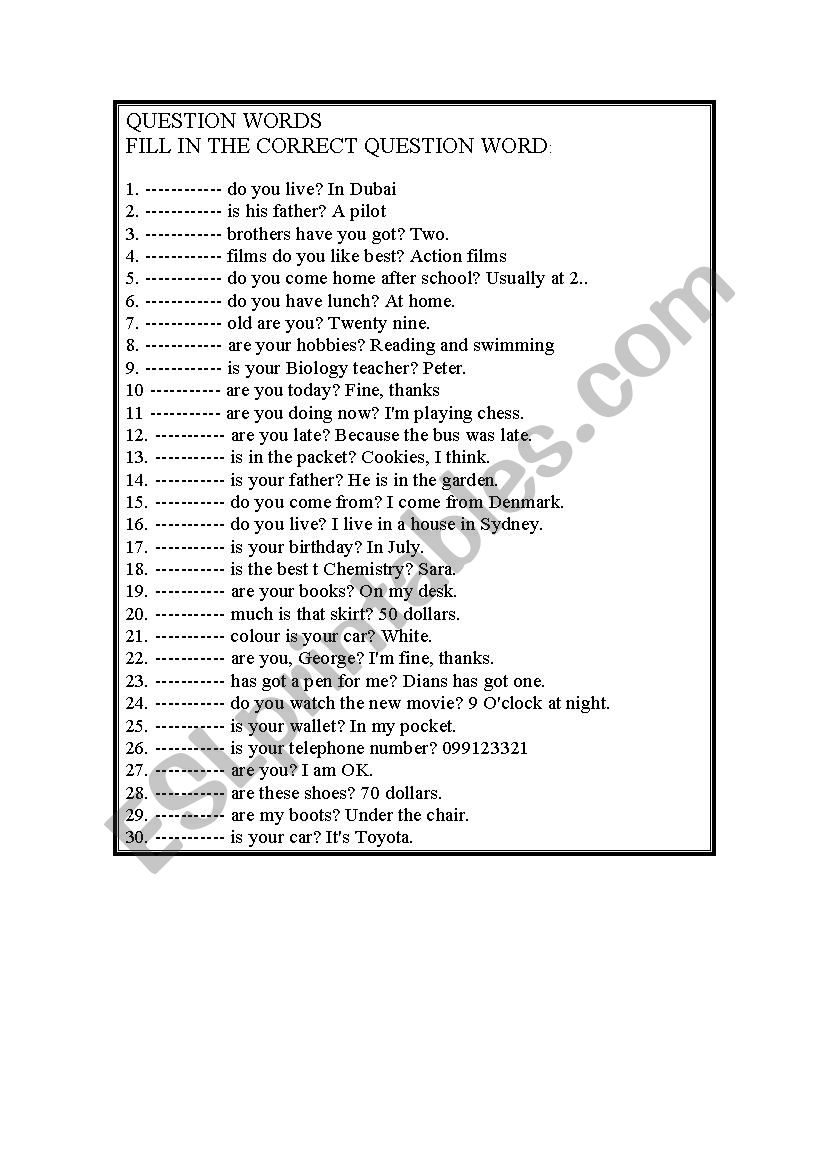 QUESTION WORDS worksheet