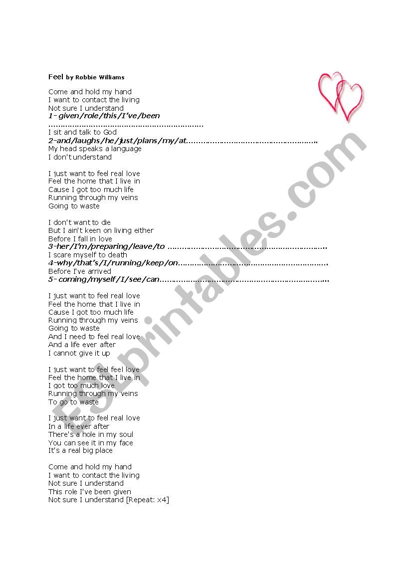 Feel by Robbie Williams worksheet