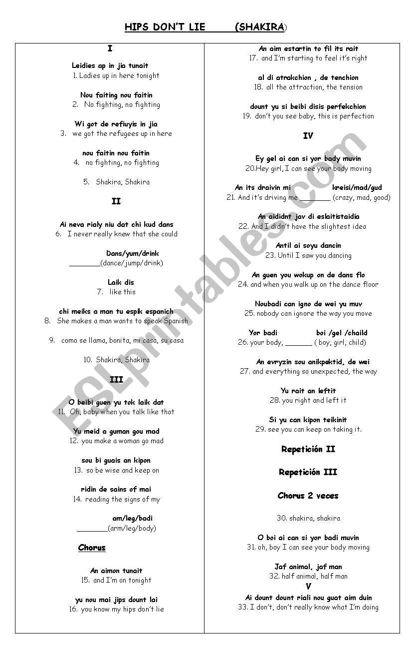 a song with pronunciation worksheet