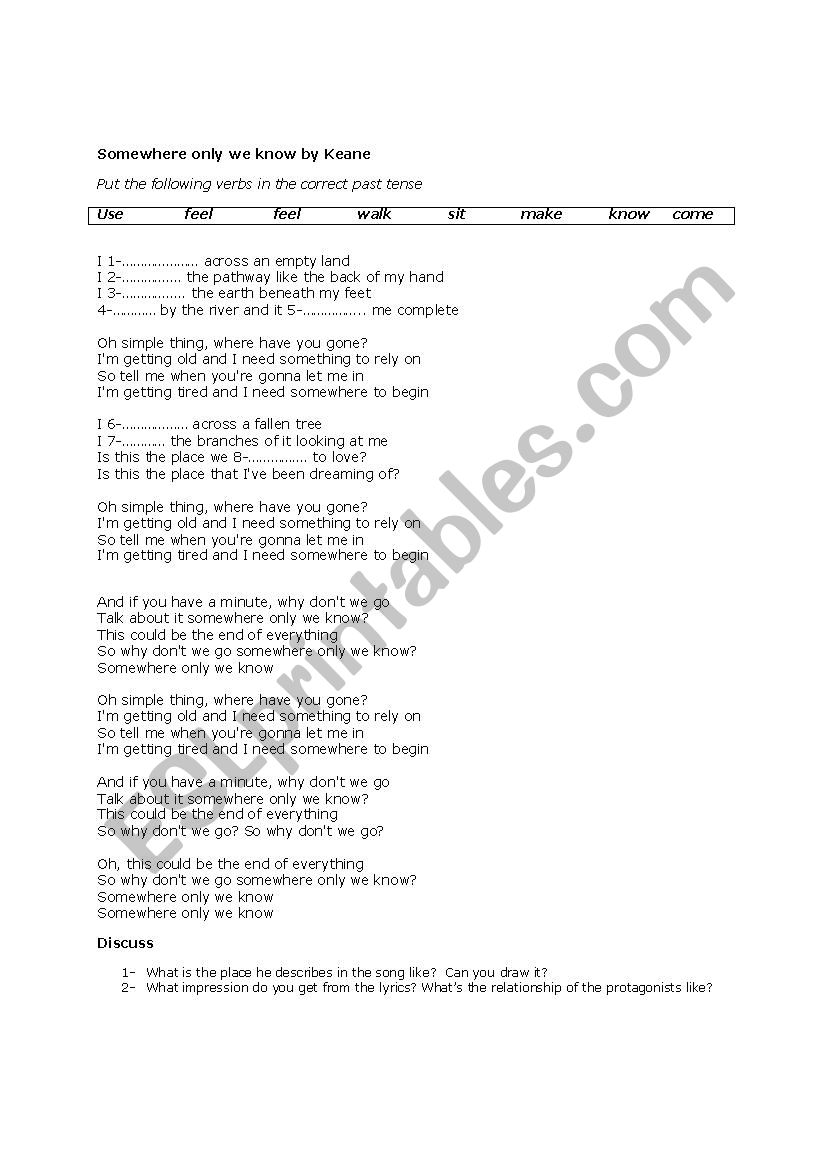 Somewhere only we know worksheet