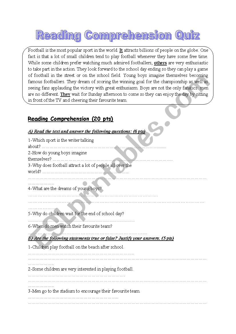 Reading Comprehension Quiz worksheet