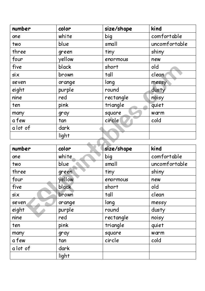 Adjectives to Describe Items in House
