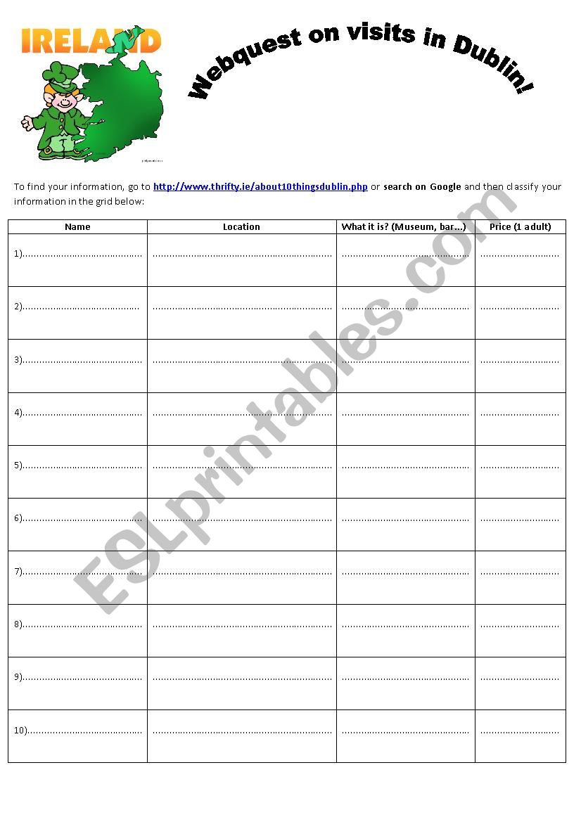 webquest on visiting Dublin worksheet