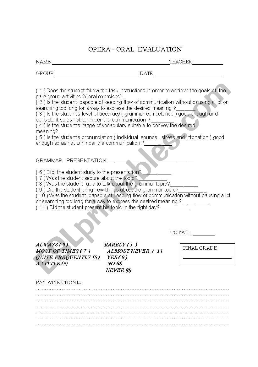 Oral Assessment worksheet