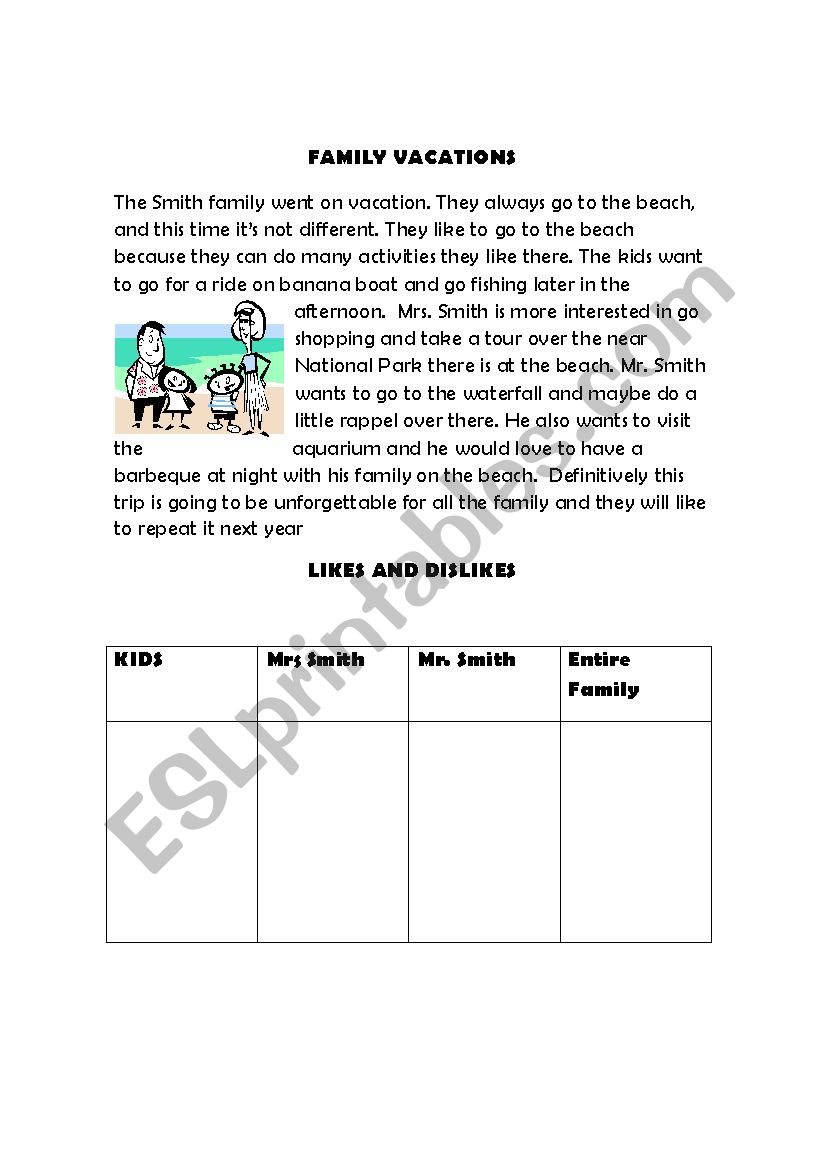 family vacations worksheet