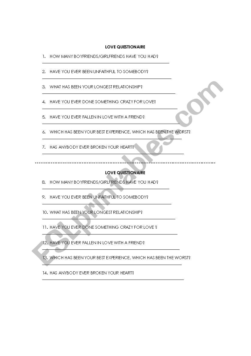 LOVE QUESTIONNAIRE  worksheet