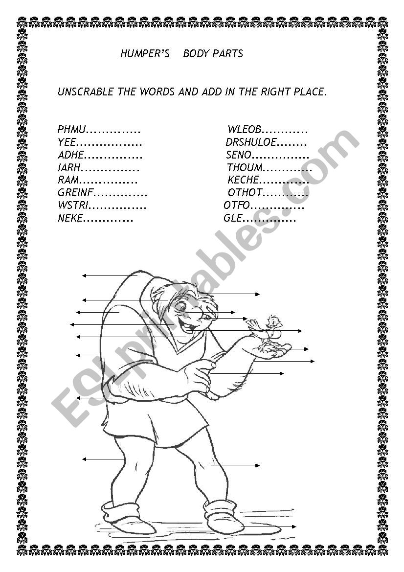 humpers body parts. worksheet