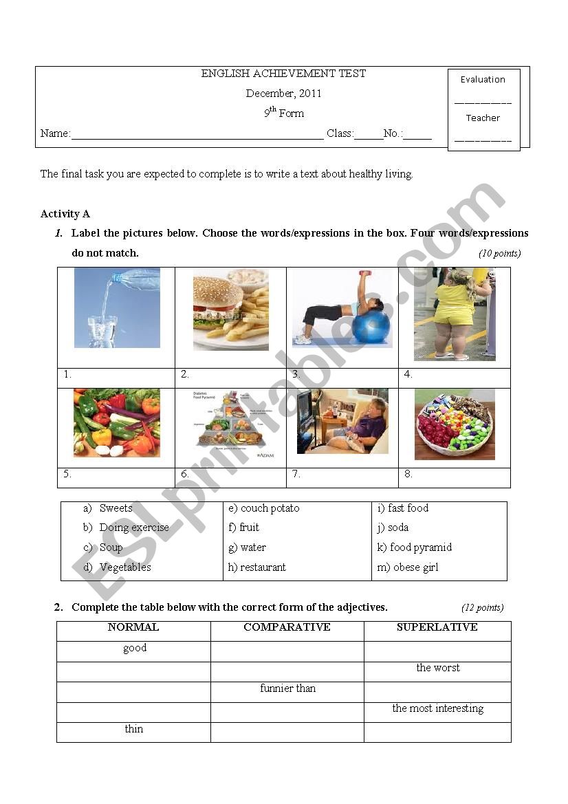 test Food worksheet