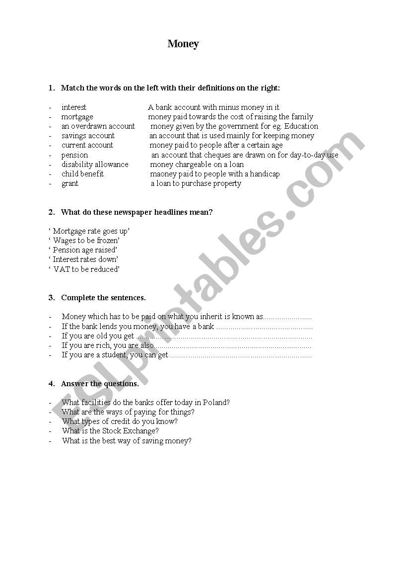 money  worksheet