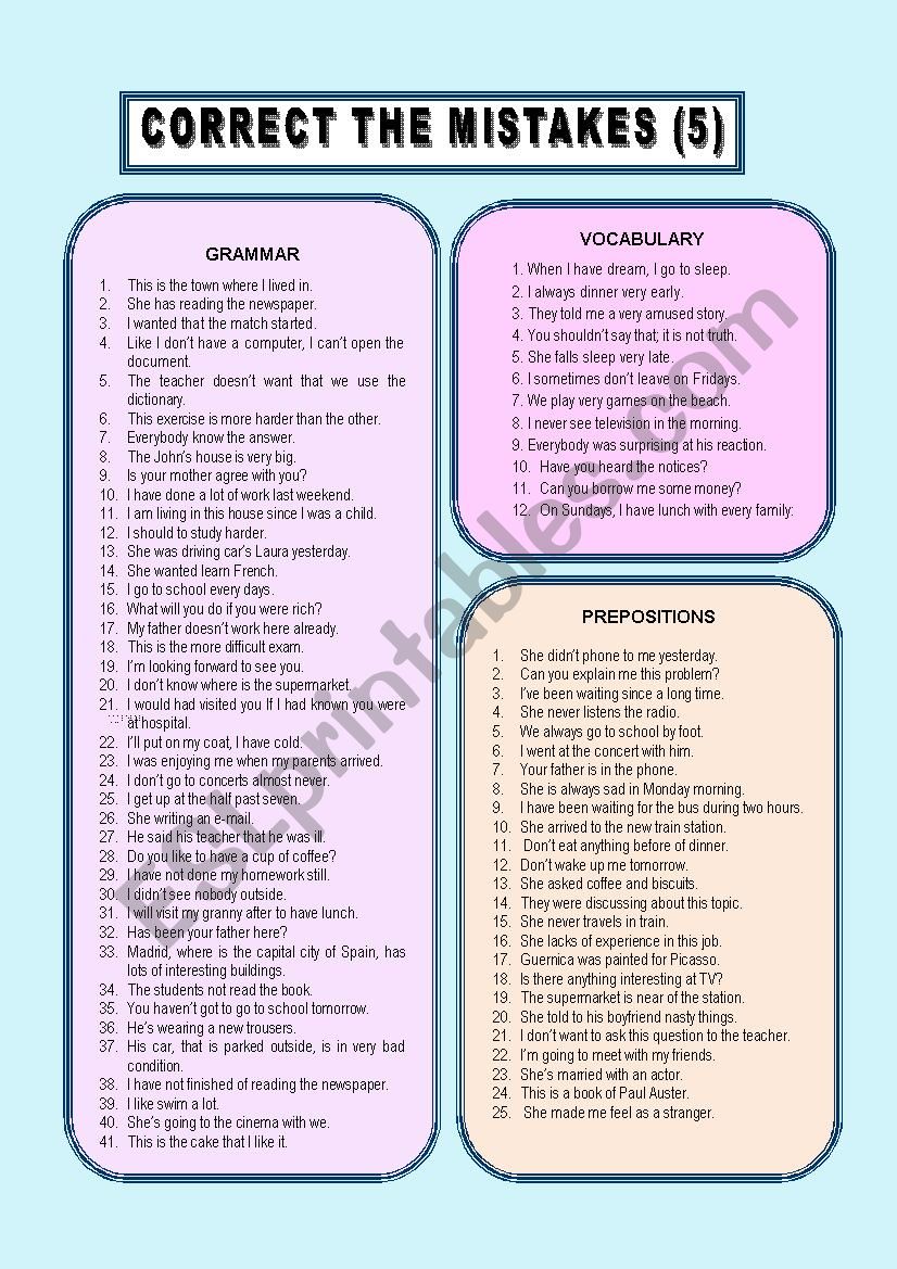 Correct the mistakes (5) worksheet