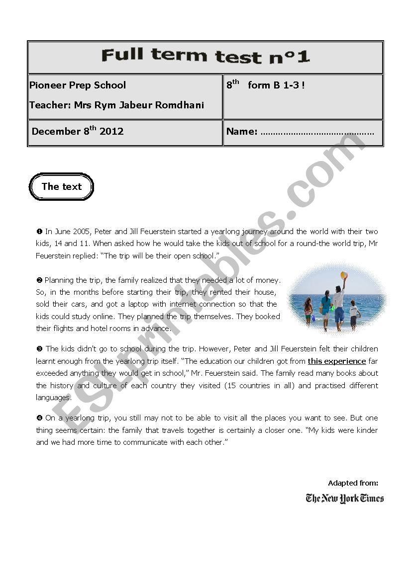 full term test 1 8th form worksheet