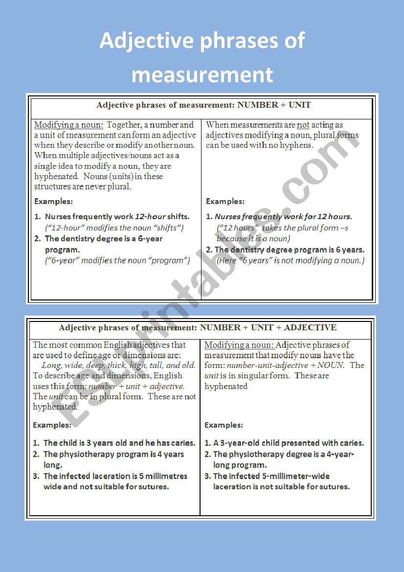 Adjectives of measure, nouns as adjectives