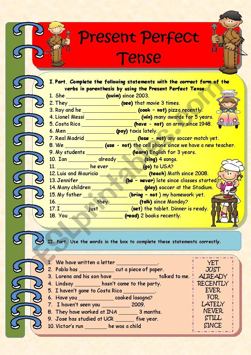 Present Perfect Tense (Black and White Version) Key Included