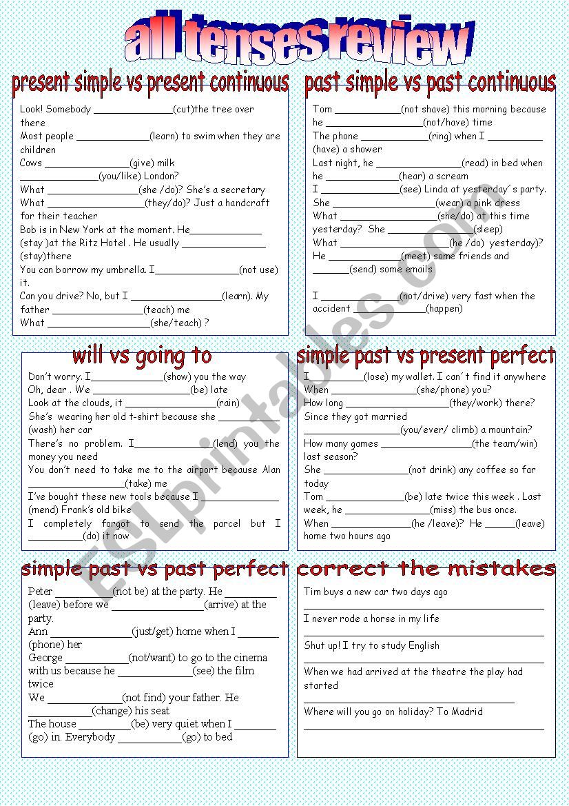 Esl Tense Review Worksheets