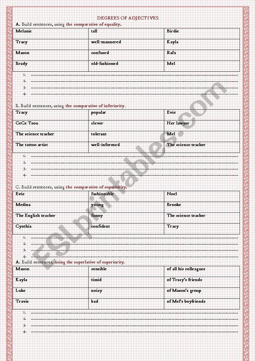 degrees 0f adjectives worksheet