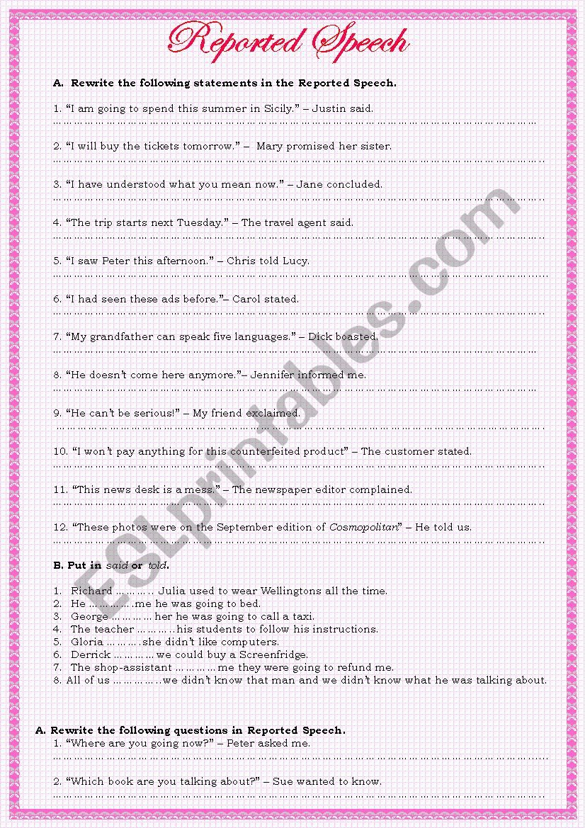 Reported Speech worksheet