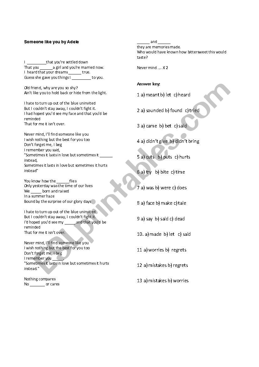 Someone like you by Adele worksheet