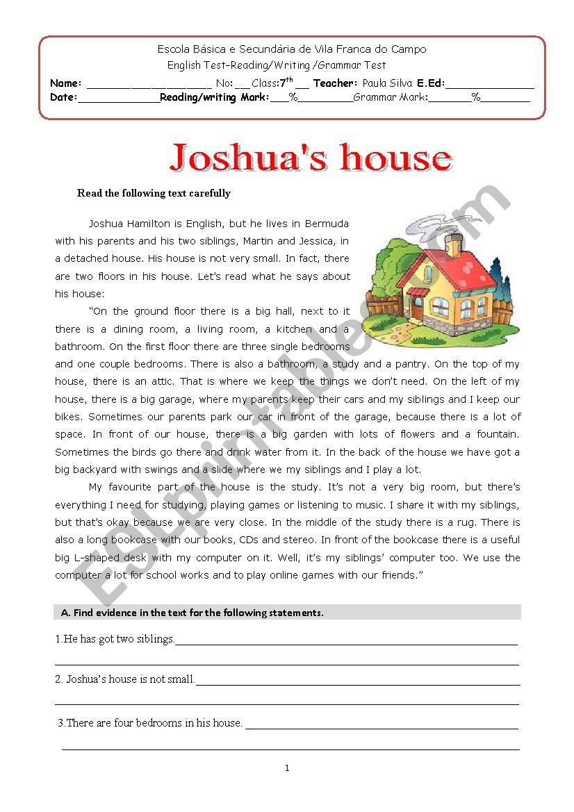 Joshuas house worksheet