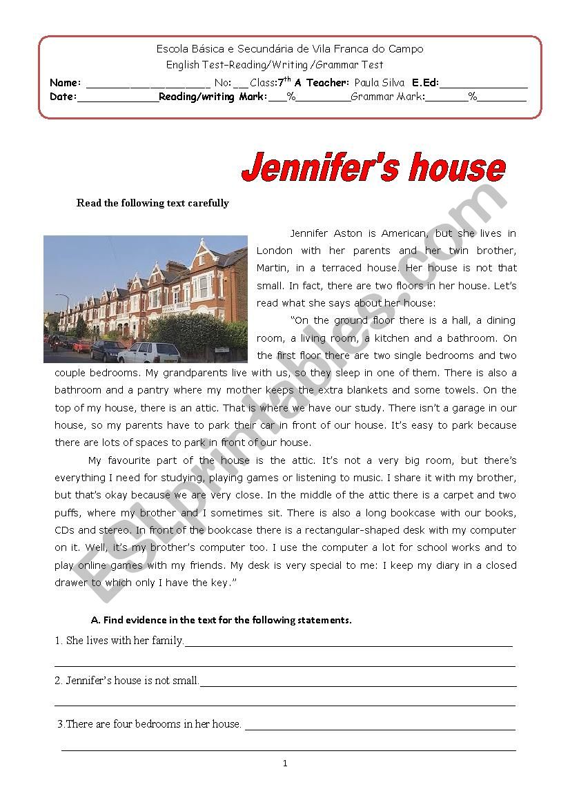 Jennifers house worksheet