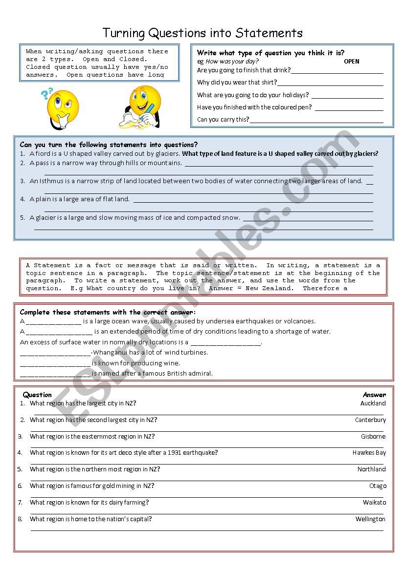 Questions v Statements worksheet