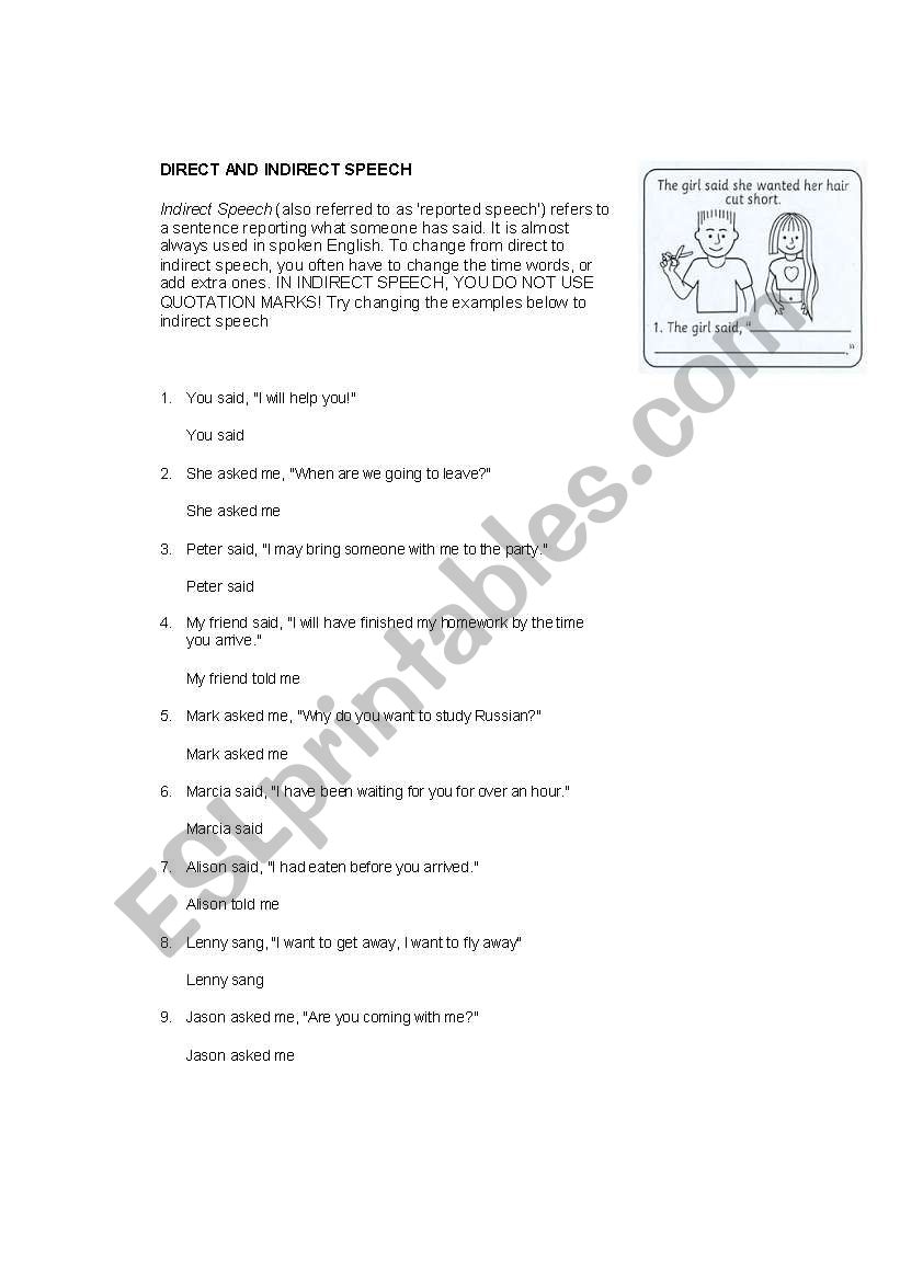 DIRECT AND INDIRECT SPEECH worksheet