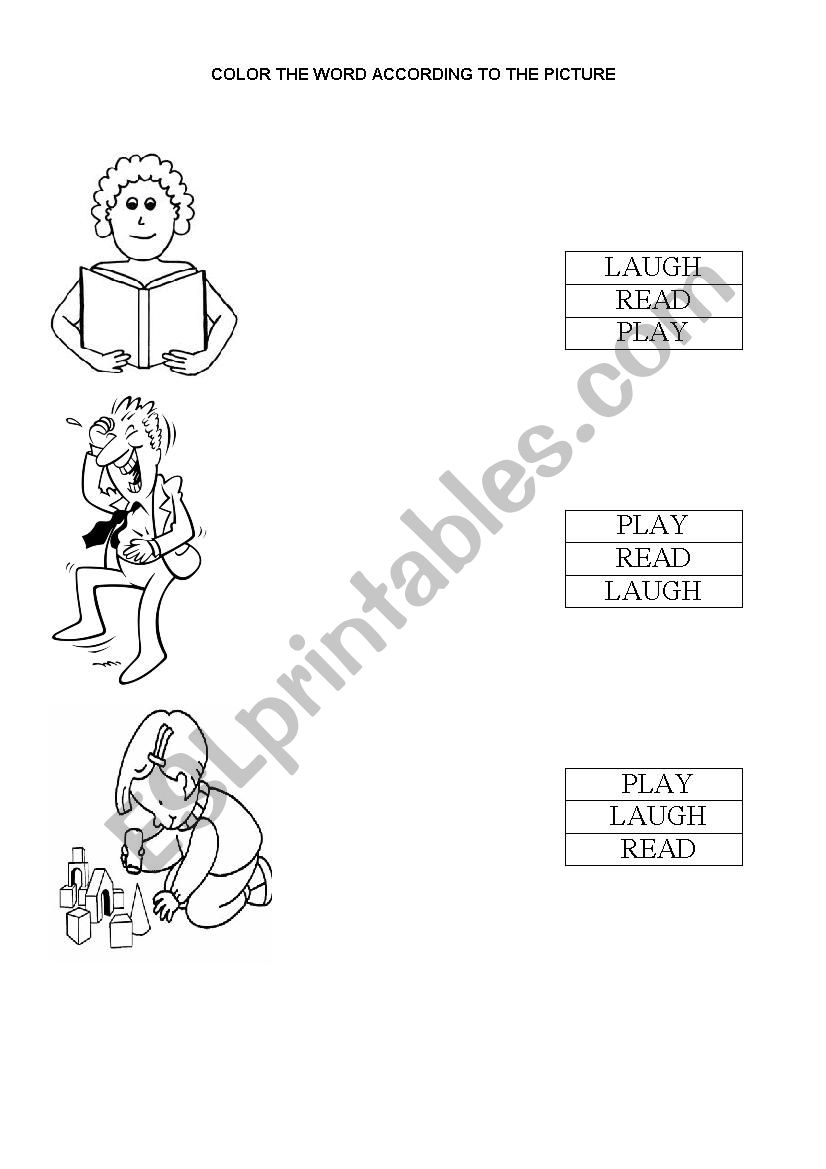 Verbs to laugh, play and read worksheet