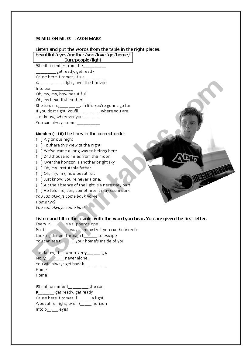 93 Million Miles- Jason Mraz worksheet