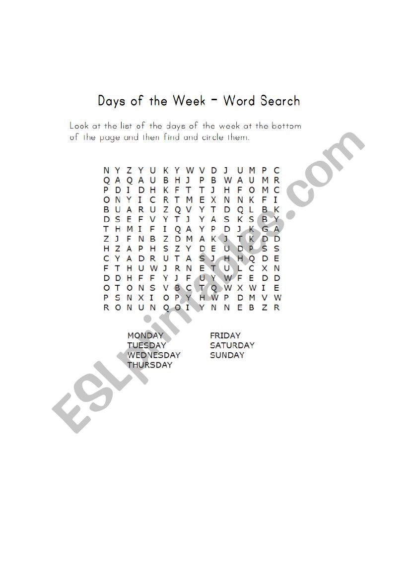 Days of the week worksheet